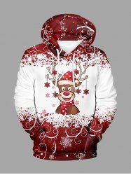 Plus Size Christmas Elk Snowflake Print Pocket Drawstring Hoodie For Men -  