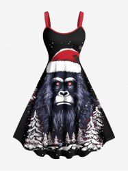 Robe trapèze imprimée gorille avec bonnet de Noël grande taille à motif sapin et flocons de neige - Noir XS