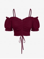 Plus Size Cold Shoulder Puff Sleeves Cinched Solid Top -  