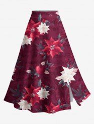 Plus Size Christmas Ombre Flower Leaf Print Split A Line Skirt -  