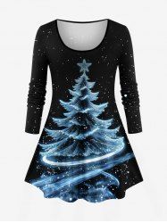 T-shirt à manches longues grande taille pour femme, imprimé sapin de Noël et galaxie - Noir 3X