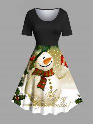 Plus Size Christmas Snowman Star Snowflake Print Vintage Dress -  