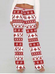 Plus Size Women's Christmas Snowflake Elk Print Drawstring Wide Leg Pants -  