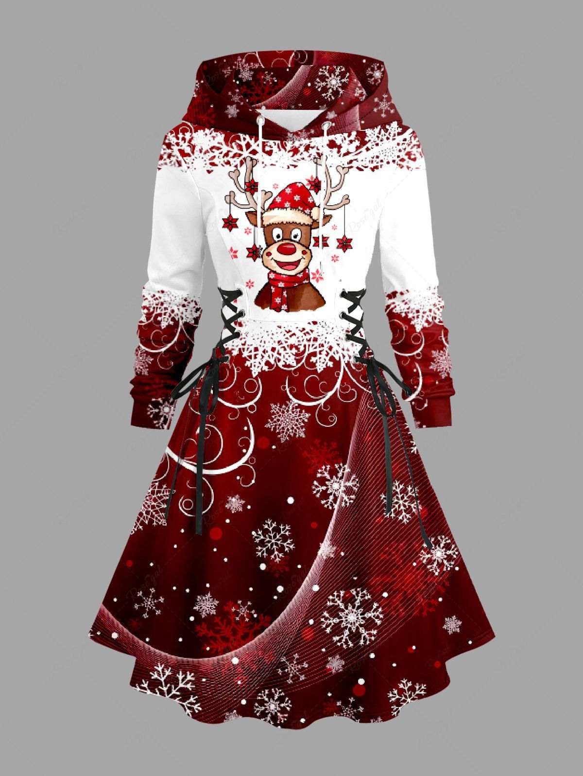 Plus Size Christmas Elk Snowflake Print Lace Up Drawstring Hoodie Dress Rouge 6X