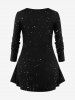 T-shirt à manches longues grande taille pour femme, imprimé sapin de Noël et galaxie - Noir 1X