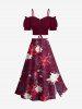 Jupe fendue grande taille à imprimé floral et feuilles ombré de Noël - Rouge Vineux 3X