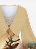 Plus Size Christmas Elk Flowers Waves Print Lattice Crisscross Flare Sleeves T-shirt -  