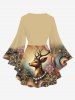 Plus Size Christmas Elk Flowers Waves Print Lattice Crisscross Flare Sleeves T-shirt -  