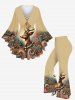 Plus Size Christmas Elk Flowers Waves Print Lattice Crisscross Flare Sleeves T-shirt -  