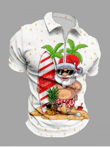 Plus Size Christmas Hat Santa Claus Coconut Tree Pineapple Skateboard Print Hawaii Zipper Polo Shirt For Men - WHITE - M