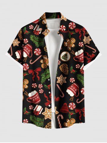 Plus Size Christmas Gingerbread Star Bowknot Candy Snowflake Print Buttons Pocket Shirt For Men - BLACK - L