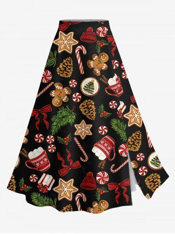Plus Size Christmas Gingerbread Star Bowknot Candy Snowflake Print Split Skirt - BLACK - S