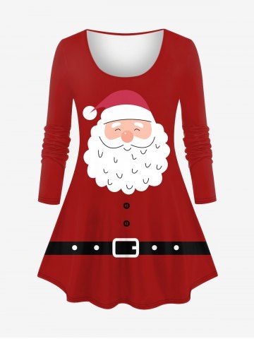 Plus Size Christmas Santa Claus Button Belt Print Long Sleeves T-shirt - RED - M