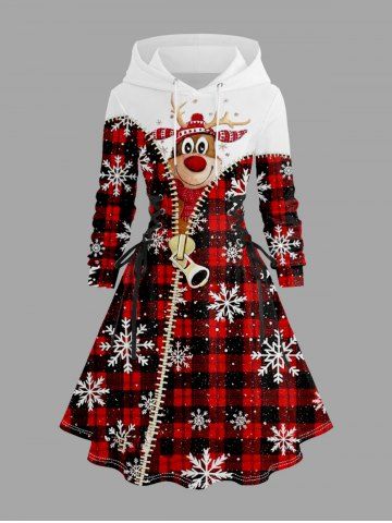 Plus Size Christmas Elk Snowflake Plaid Zipper 3D Print Lace Up Drawstring Hoodie Dress - RED - M
