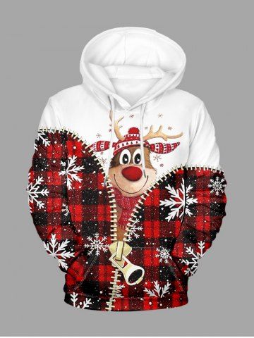 Plus Size Christmas Elk Snowflake Plaid Zipper 3D Print Pocket Drawstring Hoodie For Men - RED - L