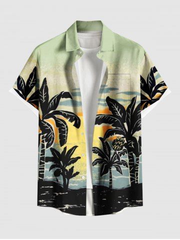 Plus Size Coconut Tree Sun Sky Ombre Print Buttons Pocket Hawaii Shirt For Men - LIGHT GREEN - S