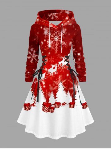 Plus Size Christmas Tree Elk Snowflake Print Lace Up Drawstring Hoodie Dress - RED - M