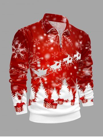 Plus Size Christmas Tree Elk Snowflake Print Zipper Polo Shirt For Men - RED - S