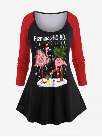 Plus Size Christmas Light Coconut Tree Pineapple Flamingo Snowflake Print Raglan Sleeves T-shirt - BLACK - M