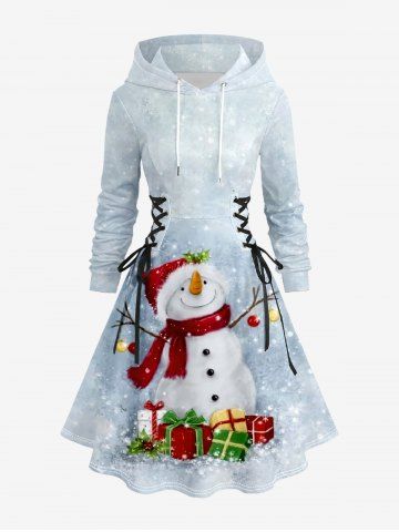 Plus Size Christmas Ball Snowman Snowflake Gift Box Print Lace Up Drawstring Hoodie Dress - CRYSTAL CREAM - 3X