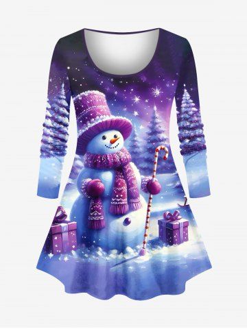 T-shirt à manches longues grande taille avec imprimé sapin de Noël, bonhomme de neige et flocons de neige - PURPLE - 1X