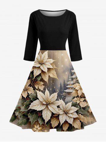 Robe midi vintage années 50 à imprimé hawaïen, fleurs, feuilles et paillettes ombré galaxie - BLACK - 4XL