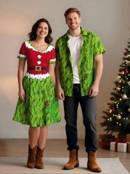 Christmas Elf Claws Santa Claus Costume Print Plus Size Matching Outfit For Couples -  