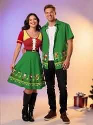 Christmas Stocking Snowflake Candy Guard Costume Print Plus Size Matching Outfit For Couples -  