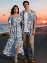Flowers Leaf Print Plus Size Matching Hawaii Beach Outfit For Couples -  