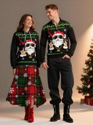 Christmas Tree Snowflake Santa Claus Microphone Print Plus Size Matching Outfit For Couples -  