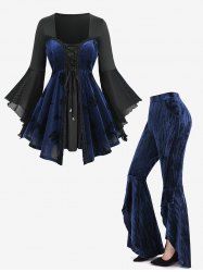 Glitter Floral Embroidery Lace Up Top and Ruffles Asymmetric Velvet Flare Pants Plus Size Outfit -  