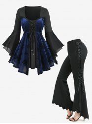 Ensemble grande taille composé d'un haut brodé de fleurs à paillettes et d'un pantalon évasé uni à ourlet festonné et lacets - Noir 