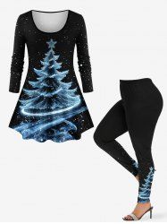 Christmas Tree Galaxy Print Long Sleeves T-shirt and Leggings Plus Size Matching Set -  