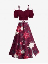 Solid Cinched Top and Christmas Ombre Flower Leaf Print Split A Line Skirt Plus Size Matching Set -  