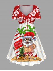 Plus Size Christmas Santa Claus Coconut Tree Pineapple Skateboard Hibiscus Flower Tropical Leaf Print Hawaii Cinched Dress -  