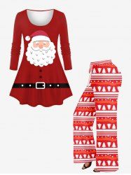 Christmas Santa Claus Button Belt Print Plus Size Matching Set -  