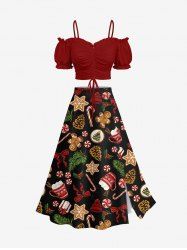 Christmas Gingerbread Star Bowknot Candy Snowflake Print Plus Size Matching Set -  