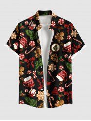 Plus Size Christmas Gingerbread Star Bowknot Candy Snowflake Print Buttons Pocket Shirt For Men -  