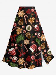 Jupe fendue grande taille imprimée pain d'épice, étoile, nœud papillon et flocons de neige - Noir 2X