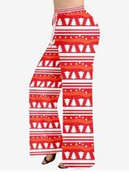 Plus Size Women's Christmas Tree Print Drawstring Wide Leg Pants -  
