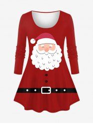T-shirt à manches longues imprimé Père Noël et ceinture à boutons, grande taille - Rouge 4X
