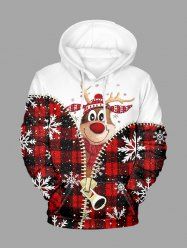 Plus Size Christmas Elk Snowflake Plaid Zipper 3D Print Pocket Drawstring Hoodie For Men -  