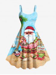 Plus Size Christmas Santa Claus Coconut Tree Flamingo Seascape Print Tank Dress -  
