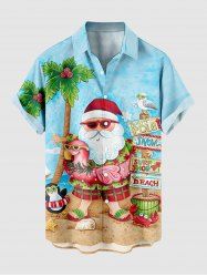 Plus Size Christmas Santa Claus Coconut Tree Flamingo Seascape Print Buttons Pocket Shirt For Men -  