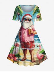 Robe vintage grande taille à imprimé boule de Noël, Père Noël, fleurs, flamants roses et paysage marin - Bleu Ciel XS