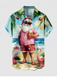 Plus Size Christmas Ball Santa Claus Flowers Flamingo Seascape Print Buttons Pocket Shirt For Men -  