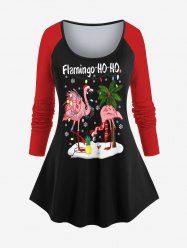 T-shirt à manches raglan grande taille avec imprimé de guirlande lumineuse de Noël, cocotier, ananas, flamant rose et flocons de neige - Noir XS
