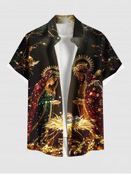 Plus Size Christmas Nativity of Jesus Print Button Pocket Shirt For Men -  