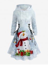 Plus Size Christmas Ball Snowman Snowflake Gift Box Print Lace Up Drawstring Hoodie Dress -  