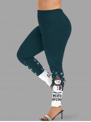 Plus Size Christmas Snowman Snowflake Colorblock Print Leggings -  